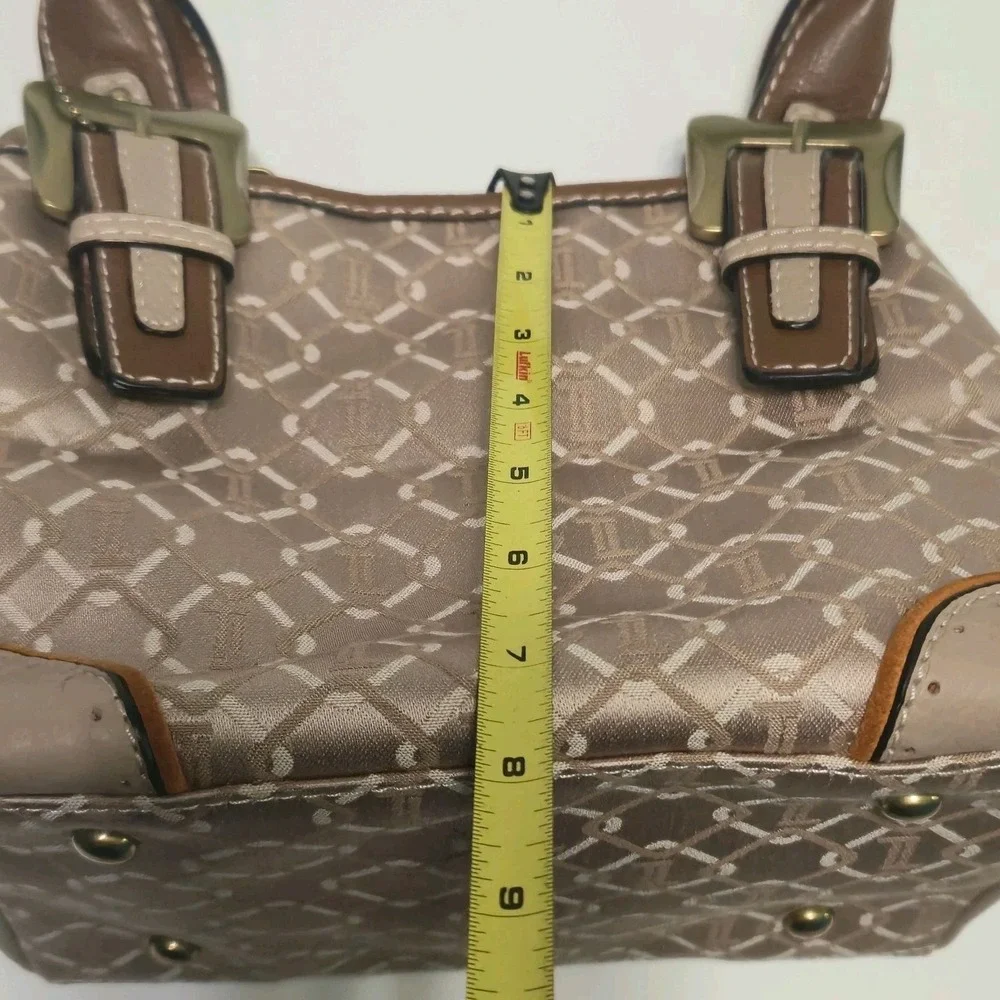Tignanello Signature Satin Satchel‎ Shoulder Bag Handbag Purse Tan Leather Trim